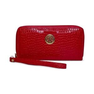 DESIGNER Luxury Pink Croc-Embossed Wristlet Wallet with Gold Emblem